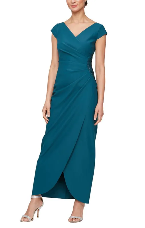 Long Cap Sleeve Compression Sheath Dress with Surplice Neckline and Hip Detail sold by Alex Evenings