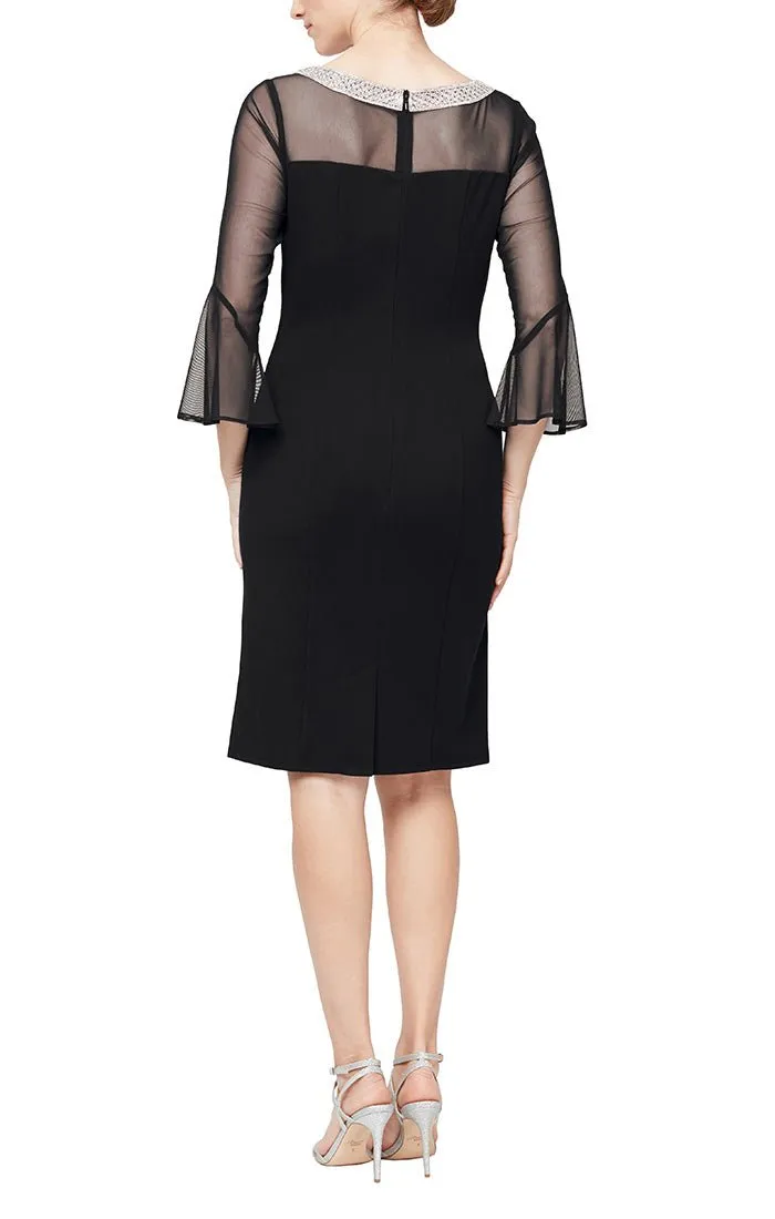 Short Sheath Crepe Cocktail Dress with Beaded Illusion Neckline & Bell Sleeves sold by Alex Evenings product image thumbnail 4