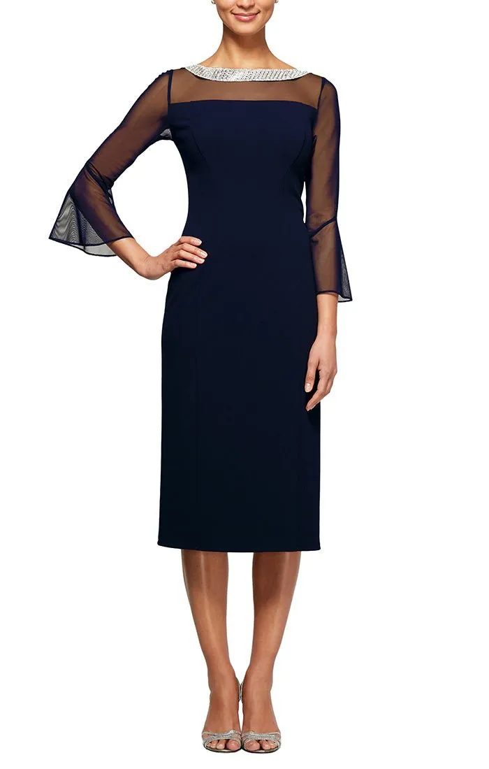 Short Sheath Crepe Cocktail Dress with Beaded Illusion Neckline & Bell Sleeves sold by Alex Evenings
