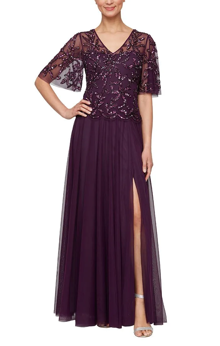 Long Hand Beaded Mock Dress with V-Neckline & Illusion Flutter Sleeves sold by Alex Evenings