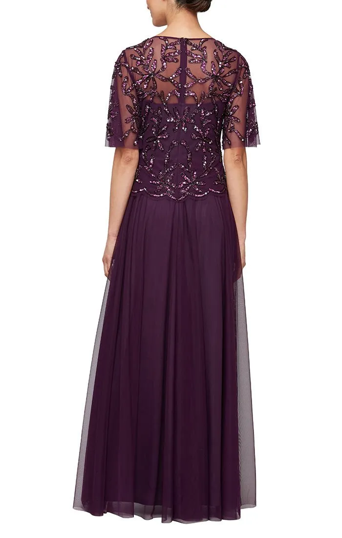 Long Hand Beaded Mock Dress with V-Neckline & Illusion Flutter Sleeves sold by Alex Evenings product image thumbnail 2