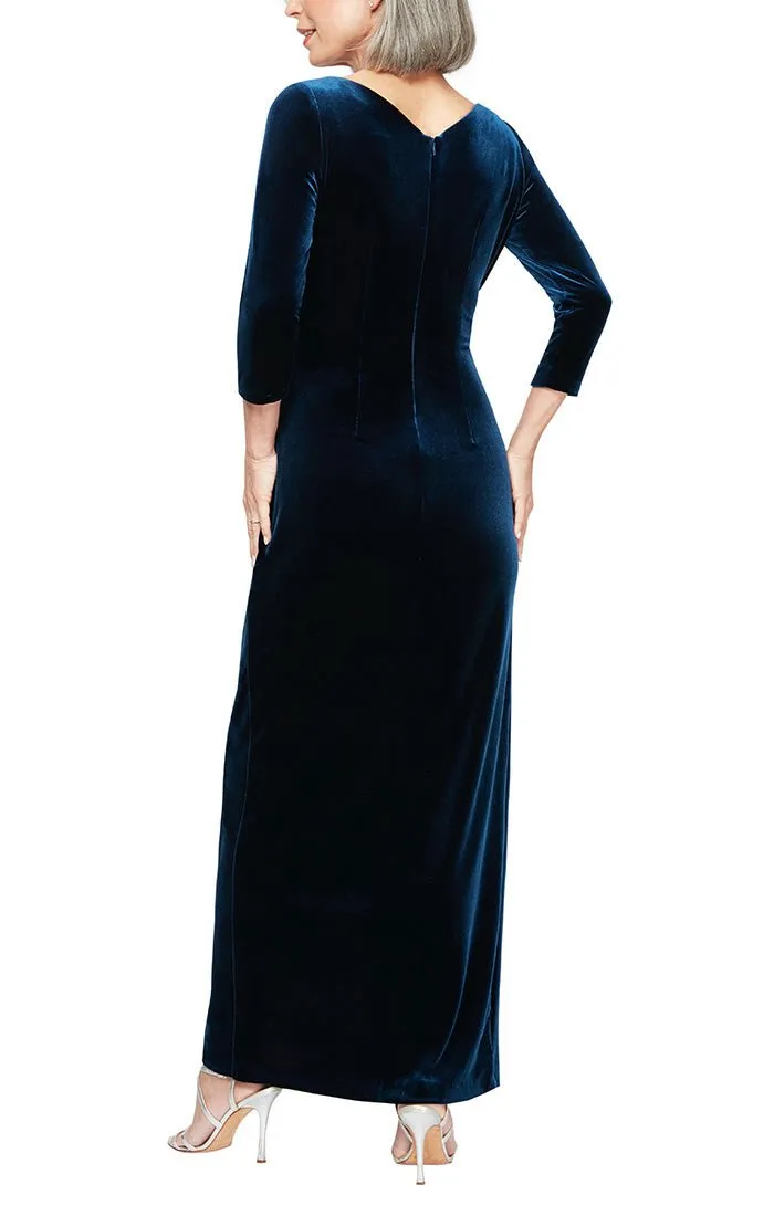 Long Surplice Neckline Velvet Long Dress with Tulip Overlay Hem Skirt and 3/4 Sleeves sold by Alex Evenings product image thumbnail 4