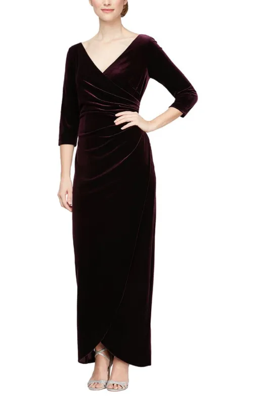 Long Surplice Neckline Velvet Long Dress with Tulip Overlay Hem Skirt and 3/4 Sleeves sold by Alex Evenings