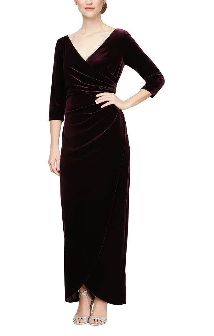 Long Surplice Neckline Velvet Long Dress with Tulip Overlay Hem Skirt and 3/4 Sleeves sold by Alex Evenings