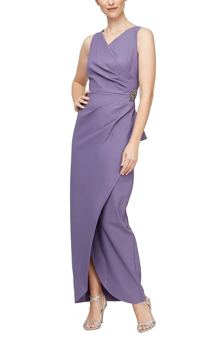 Petite Long Sleeveless Compression Sheath Gown with Surplice Neckline, Cascade Detail Skirt and Beaded Detail at Hip sold by Alex Evenings product image thumbnail 3