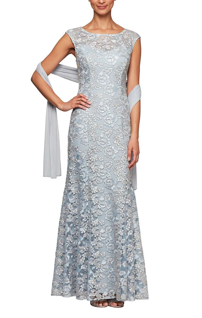 Long Embroidered Fit & Flare Dress with Illusion Neckline and Shawl sold by Alex Evenings product image thumbnail 3