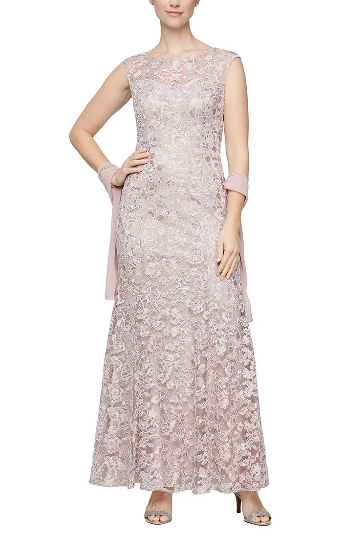 Long Embroidered Fit & Flare Dress with Illusion Neckline and Shawl sold by Alex Evenings