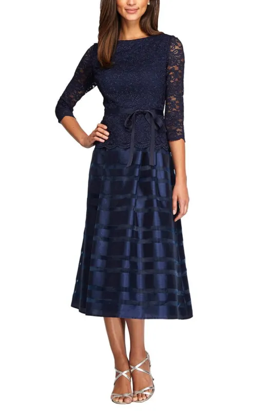 Cocktail Dress with Lace Bodice, Illusion 3/4 Sleeves & Striped Organza Skirt sold by Alex Evenings