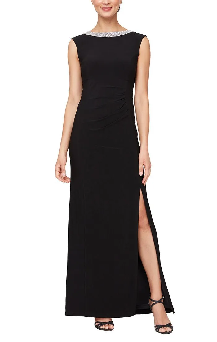Long Sleeveless Matte Jersey Dress with Embellishment Detail at Neckline & Front Slit sold by Alex Evenings