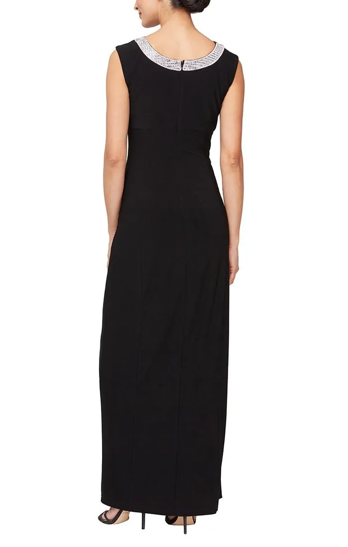 Long Sleeveless Matte Jersey Dress with Embellishment Detail at Neckline & Front Slit sold by Alex Evenings product image thumbnail 2