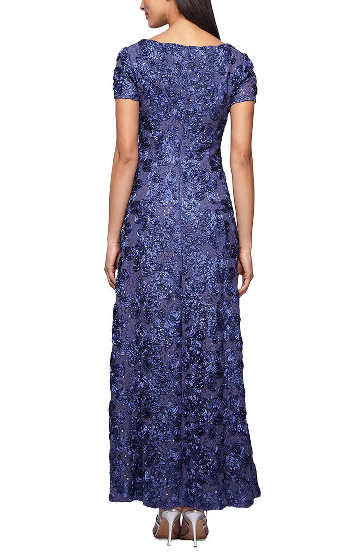 Petite Long Rosette A-Line Gown with Sequin Detail & Short Illusion Sleeves sold by Alex Evenings product image thumbnail 4