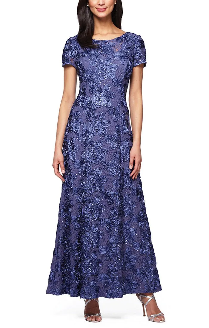 Petite Long Rosette A-Line Gown with Sequin Detail & Short Illusion Sleeves sold by Alex Evenings product image thumbnail 3