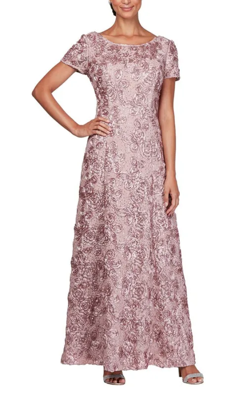 Petite Long Rosette A-Line Gown with Sequin Detail & Short Illusion Sleeves sold by Alex Evenings