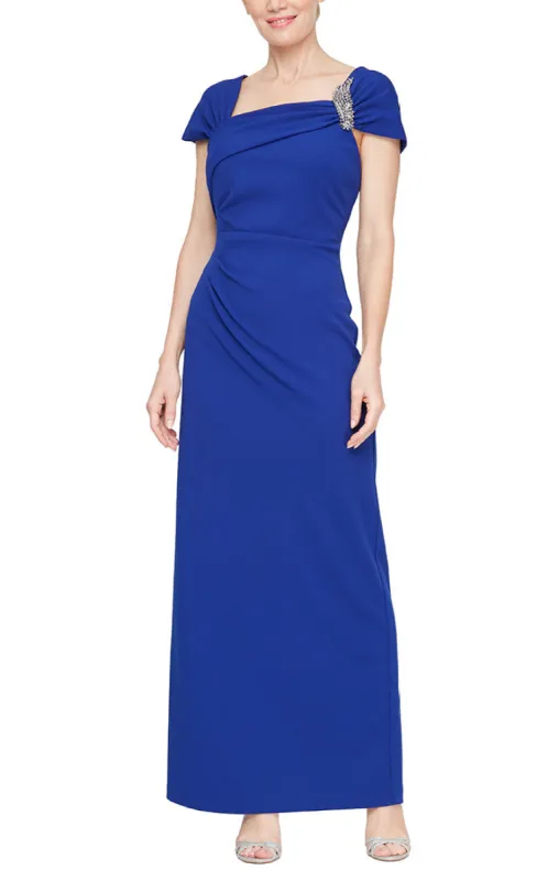 Long Cap Sleeve Crepe Dress With Embellished Asymmetric Neckline sold by Alex Evenings