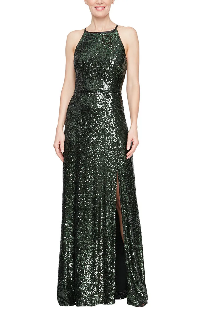 Long Sequin Gown with Halter Neckline and Front Slit sold by Alex Evenings