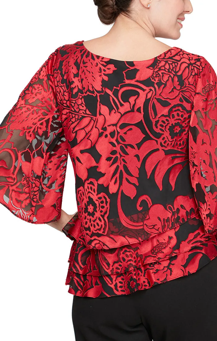 Regular - 3/4 Sleeve Chiffon Printed Blouse With Illusion Sleeves and Asymmetric Triple Tier Hem sold by Alex Evenings product image thumbnail 2