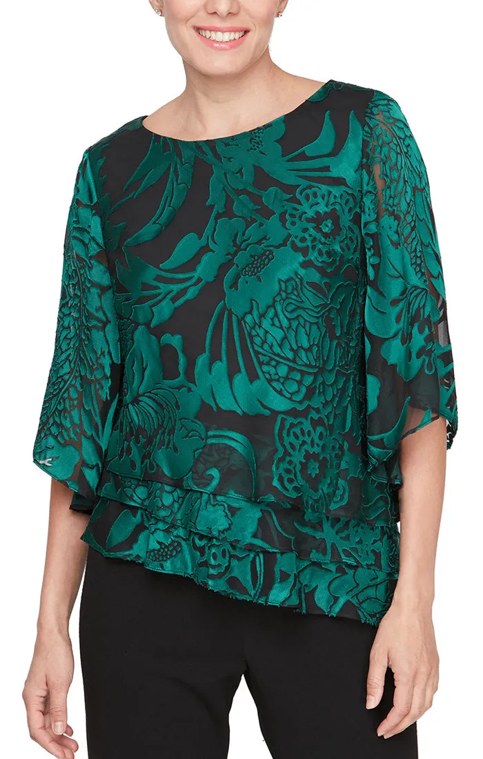 Regular - 3/4 Sleeve Chiffon Printed Blouse With Illusion Sleeves and Asymmetric Triple Tier Hem sold by Alex Evenings product image thumbnail 3
