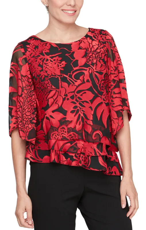 Regular - 3/4 Sleeve Chiffon Printed Blouse With Illusion Sleeves and Asymmetric Triple Tier Hem sold by Alex Evenings