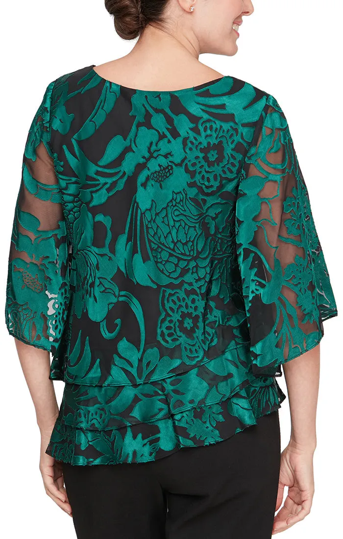 Regular - 3/4 Sleeve Chiffon Printed Blouse With Illusion Sleeves and Asymmetric Triple Tier Hem sold by Alex Evenings product image thumbnail 4