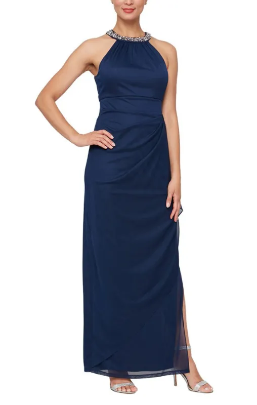 Plus - Mesh Dress with Beaded Halter Style Neckline and Cascade Ruffle Detail Skirt sold by Alex Evenings