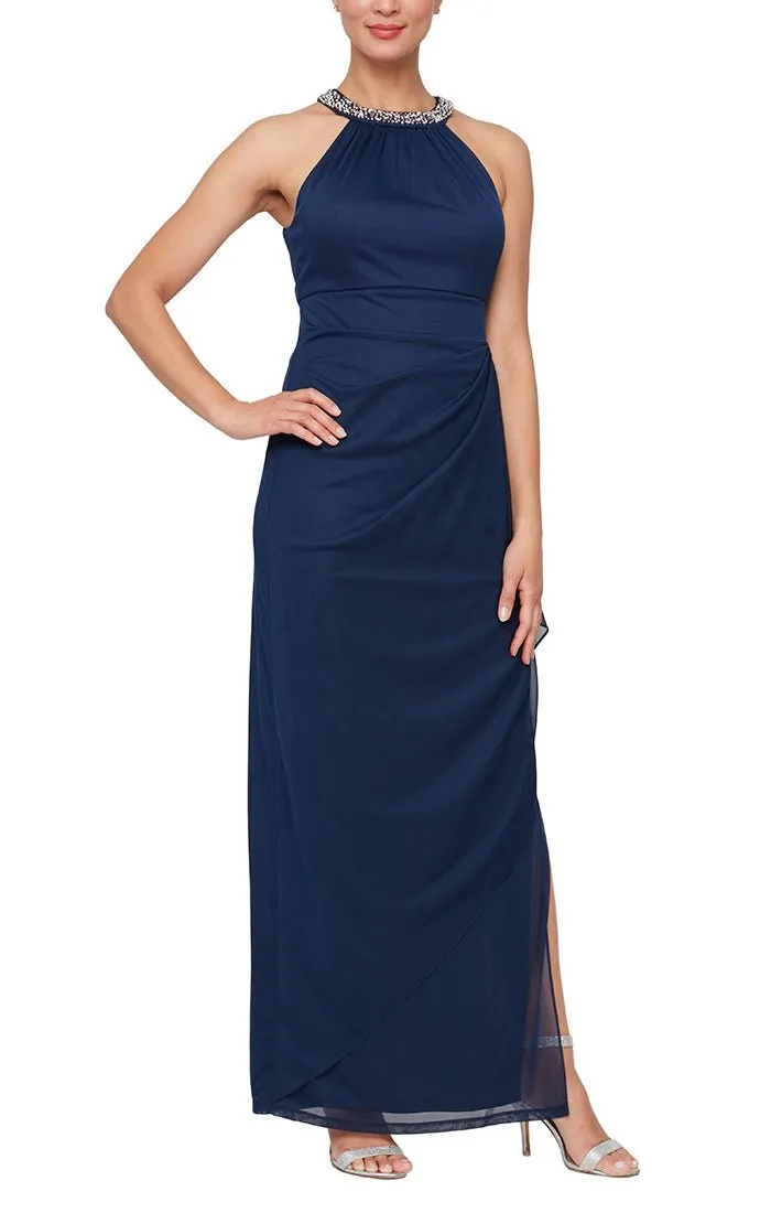 Plus - Mesh Dress with Beaded Halter Style Neckline and Cascade Ruffle Detail Skirt sold by Alex Evenings