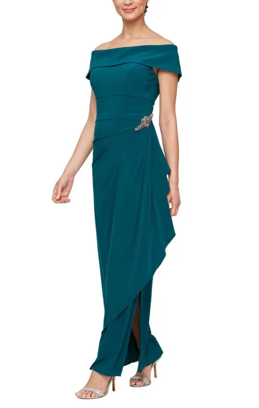 Regular - Off-the-Shoulder Matte Jersey Dress with Foldover Cuff, Embellishment Detail at Hip and Cascade Ruffle Skirt sold by Alex Evenings