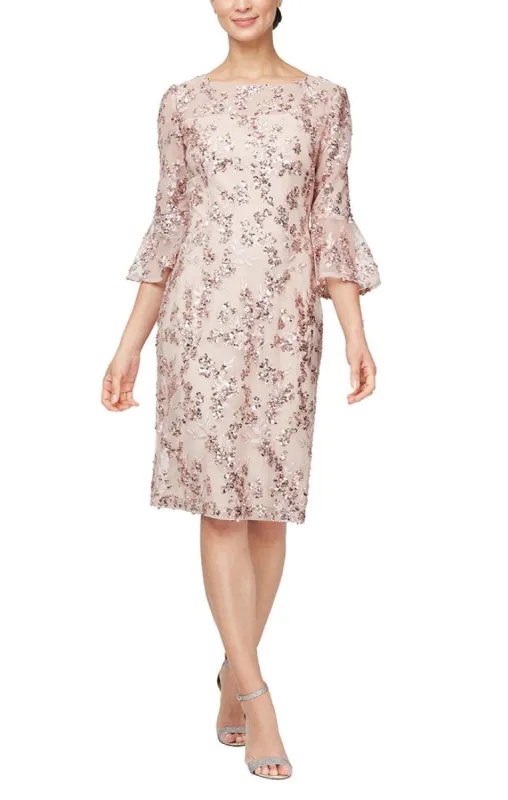 Regular - Embroidered Sequin Lace Sheath Dress with 3/4 Bell Sleeves sold by Alex Evenings
