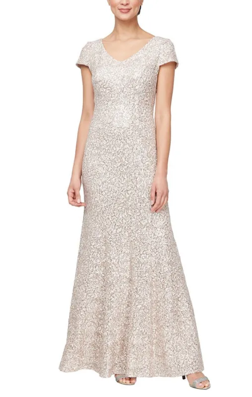Regular - Corded Lace Fit & Flare V-Neck Gown with Cap Sleeves sold by Alex Evenings