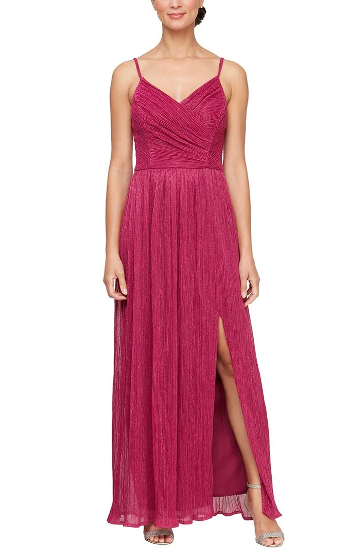 Regular - Long Spaghetti Strap Metallic Knit Gown with Surplice Neckline & Front Slit sold by Alex Evenings