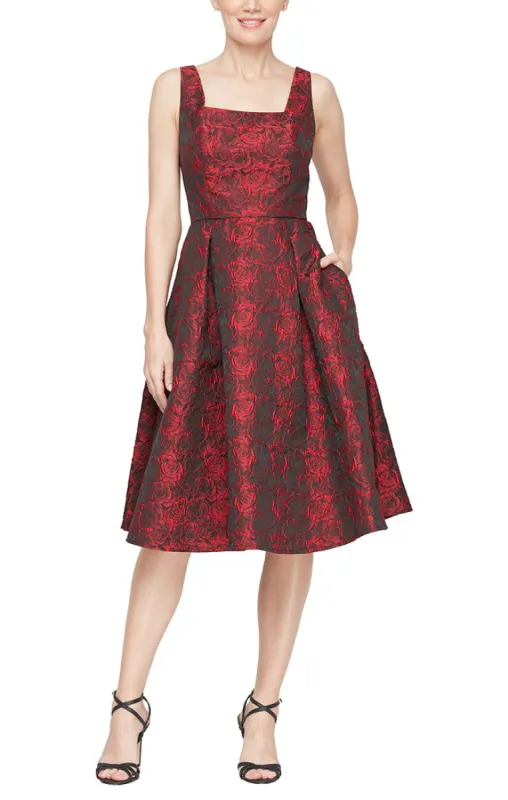 Regular - Printed Jacquard Dress with Square Neckline & Full Skirt sold by Alex Evenings