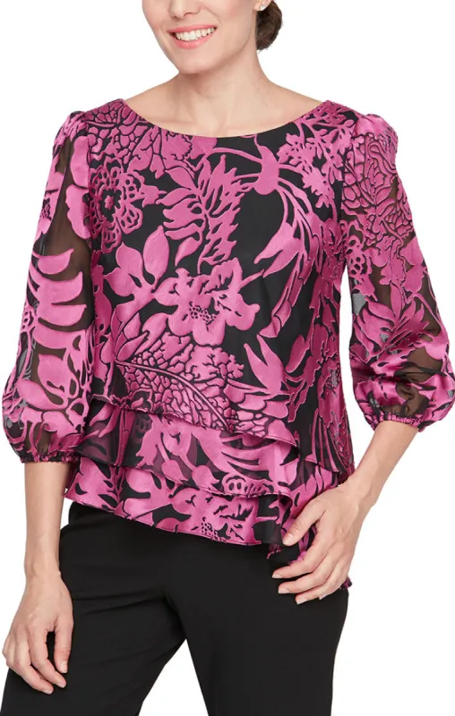 Plus - Printed Chiffon Blouse with Illusion Balloon Hem Sleeves and Asymmetric Tiered Hem sold by Alex Evenings