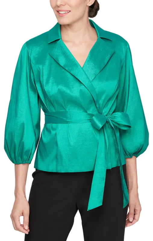 Plus - Surplice Stretch Taffeta Blouse with Collar, Balloon Hem Sleeve and Tie Belt sold by Alex Evenings