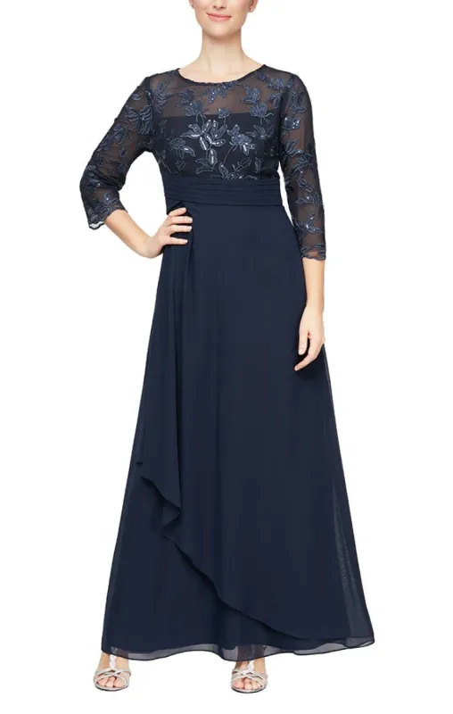 Long 3/4 Sleeve Gown with Embroidered Bodice, Pleated Waist and Asymmetric Cascade Skirt sold by Alex Evenings