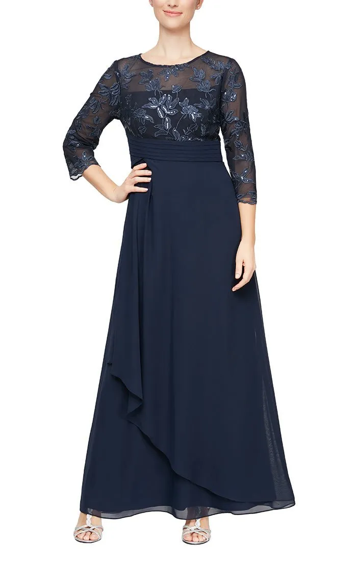 Long 3/4 Sleeve Gown with Embroidered Bodice, Pleated Waist and Asymmetric Cascade Skirt sold by Alex Evenings