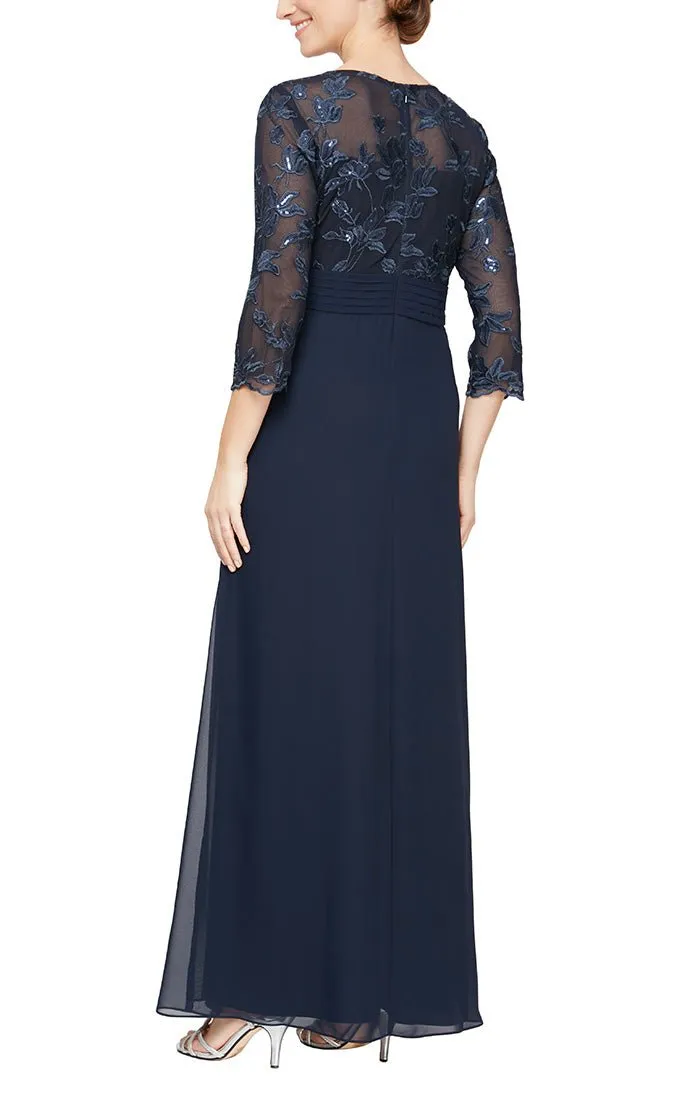 Long 3/4 Sleeve Gown with Embroidered Bodice, Pleated Waist and Asymmetric Cascade Skirt sold by Alex Evenings product image thumbnail 2