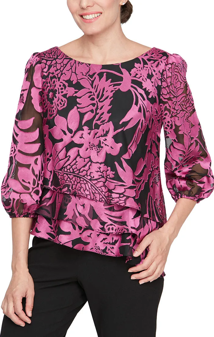 Regular - Printed Chiffon Blouse with Illusion Balloon Hem Sleeves and Asymmetric Tiered Hem sold by Alex Evenings