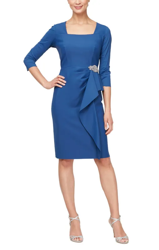 Regular - Square Neck Sheath Compression Dress with Embellished Hip Detail and Cascade Skirt sold by Alex Evenings