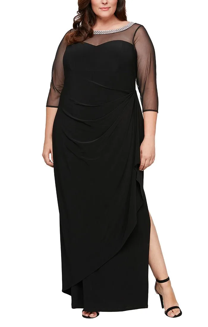 Plus Long Matte Jersey Illusion 3/4 Sleeve Side Ruched Dress with Embellished Neckline sold by Alex Evenings