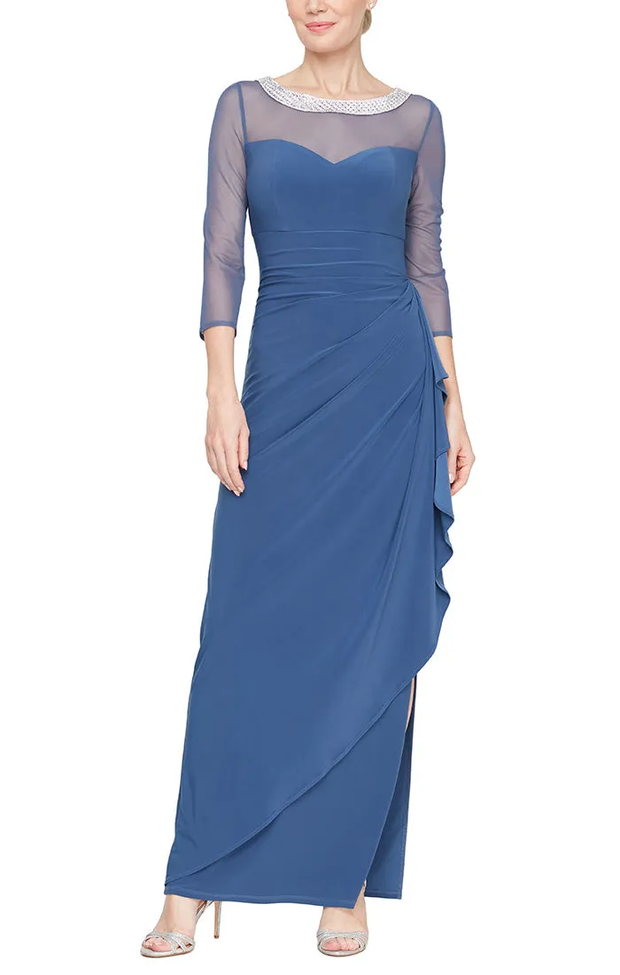 Plus Long Matte Jersey Illusion 3/4 Sleeve Side Ruched Dress with Embellished Neckline sold by Alex Evenings product image thumbnail 5