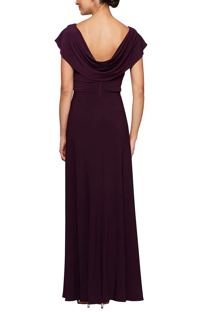 Long Cowl Neck A-Line Matte Jersey Dress with Pleated Bodice Detail, Cowl Back, and Embellishment Detail at Waist sold by Alex Evenings product image thumbnail 4