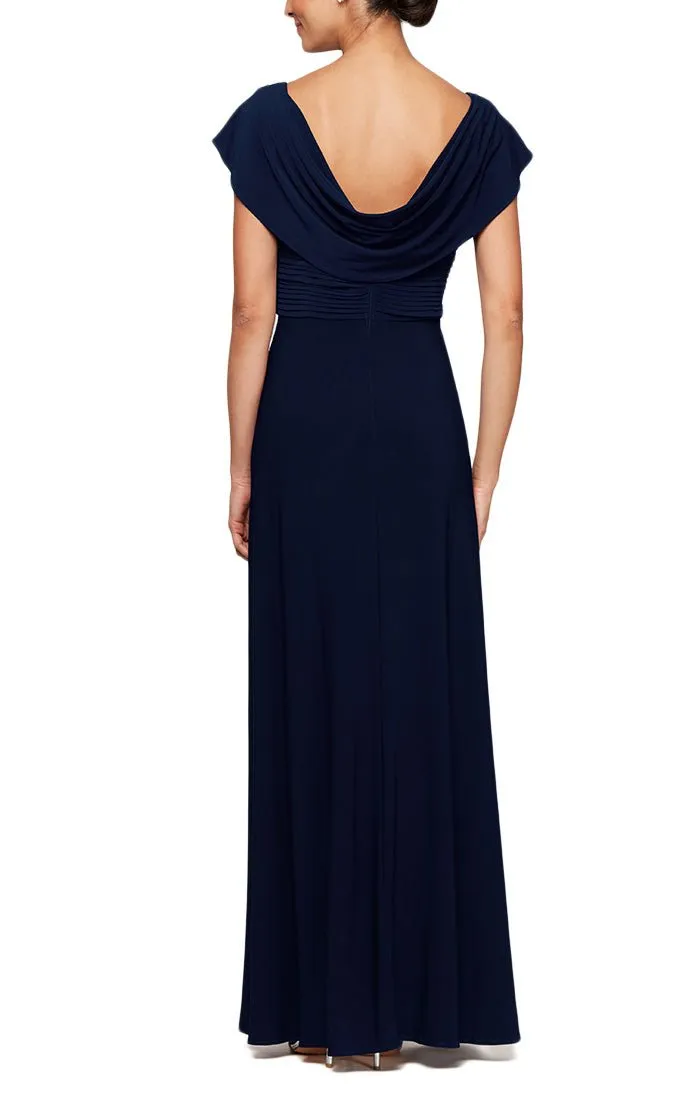 Long Cowl Neck A-Line Matte Jersey Dress with Pleated Bodice Detail, Cowl Back, and Embellishment Detail at Waist sold by Alex Evenings product image thumbnail 2