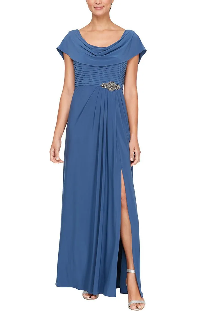 Long Cowl Neck A-Line Matte Jersey Dress with Pleated Bodice Detail, Cowl Back, and Embellishment Detail at Waist sold by Alex Evenings product image thumbnail 5
