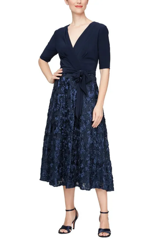 Regular - Tea-Length Lace & Jersey Cocktail Dress with Full Rosette Lace Skirt and Tie Belt sold by Alex Evenings