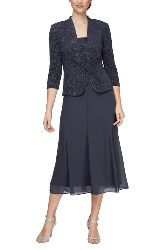 Regular - Glitter Jacquard Knit Jacket Dress with Tea-Length Mesh Skirt sold by Alex Evenings