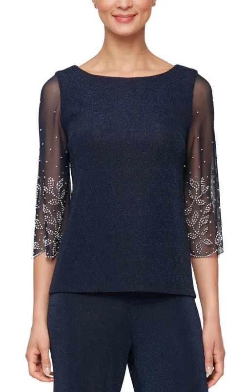 Plus - 3/4 Sleeve Metallic Knit Blouse with Illusion Heat Set Sleeves sold by Alex Evenings