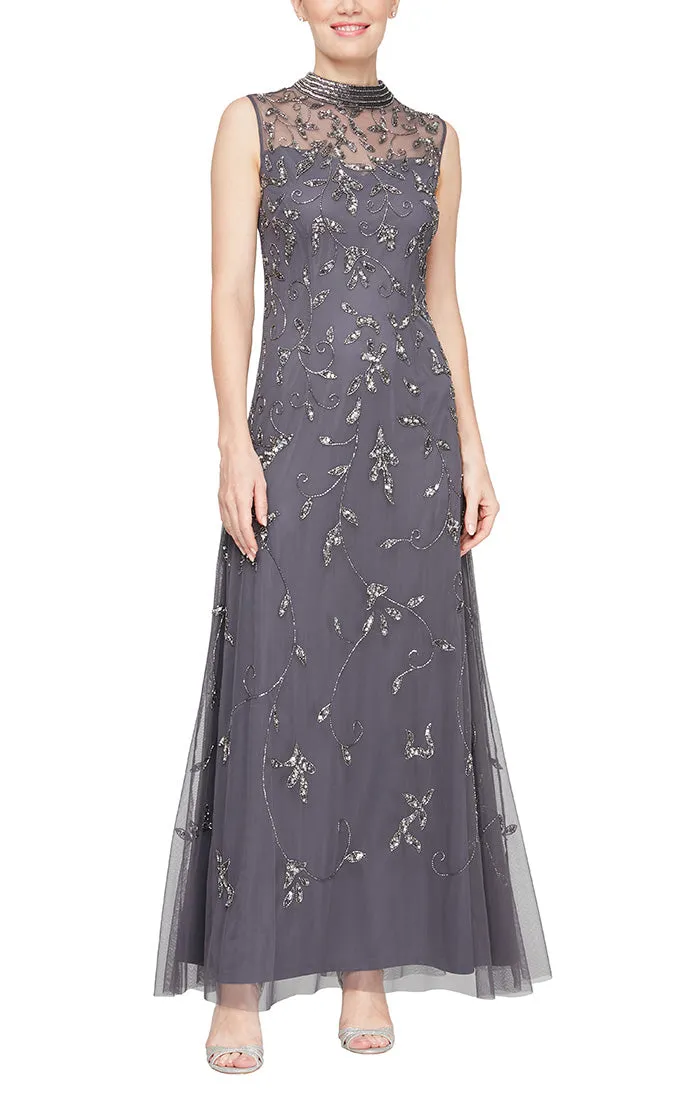 Long Sleevelss Hand Beaded Dress with Illusion Sweetheart Neckline sold by Alex Evenings