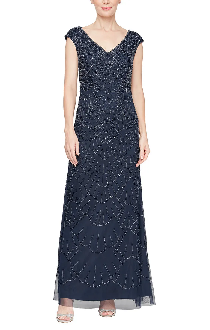 Regular - Long Sleeveless Hand Beaded Dress with V-Neckline sold by Alex Evenings