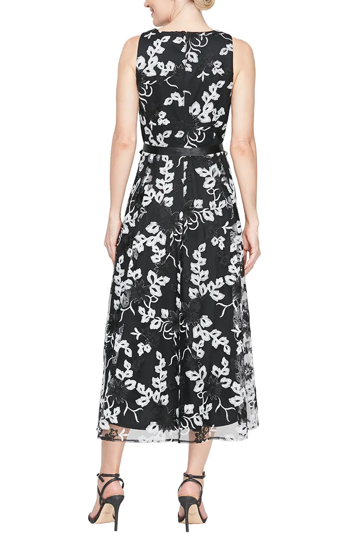 Regular - Sleeveless Embroidered Stretch Tulle Dress with High/Low Hem & Tie Belt sold by Alex Evenings product image thumbnail 2