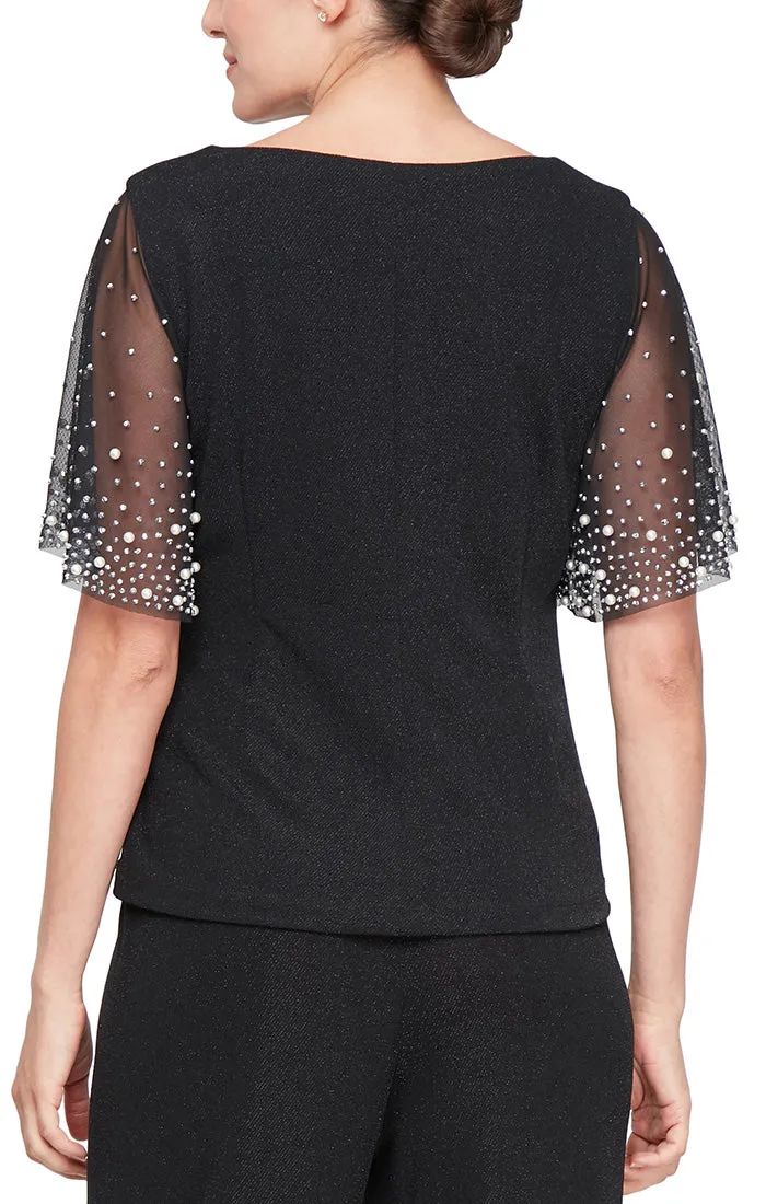 Petite Metallic Knit Heat Set Illusion Flutter Sleeve Blouse sold by Alex Evenings product image thumbnail 2