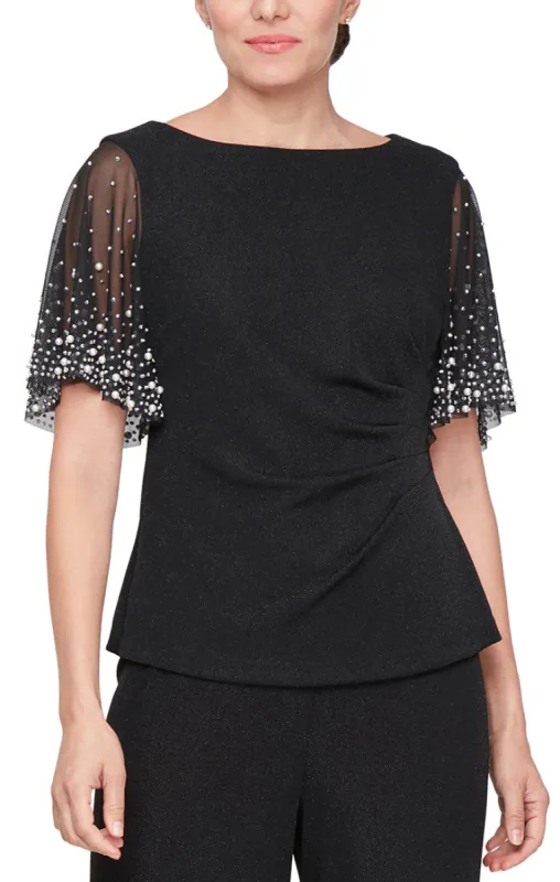 Petite Metallic Knit Heat Set Illusion Flutter Sleeve Blouse made by Alex Evenings